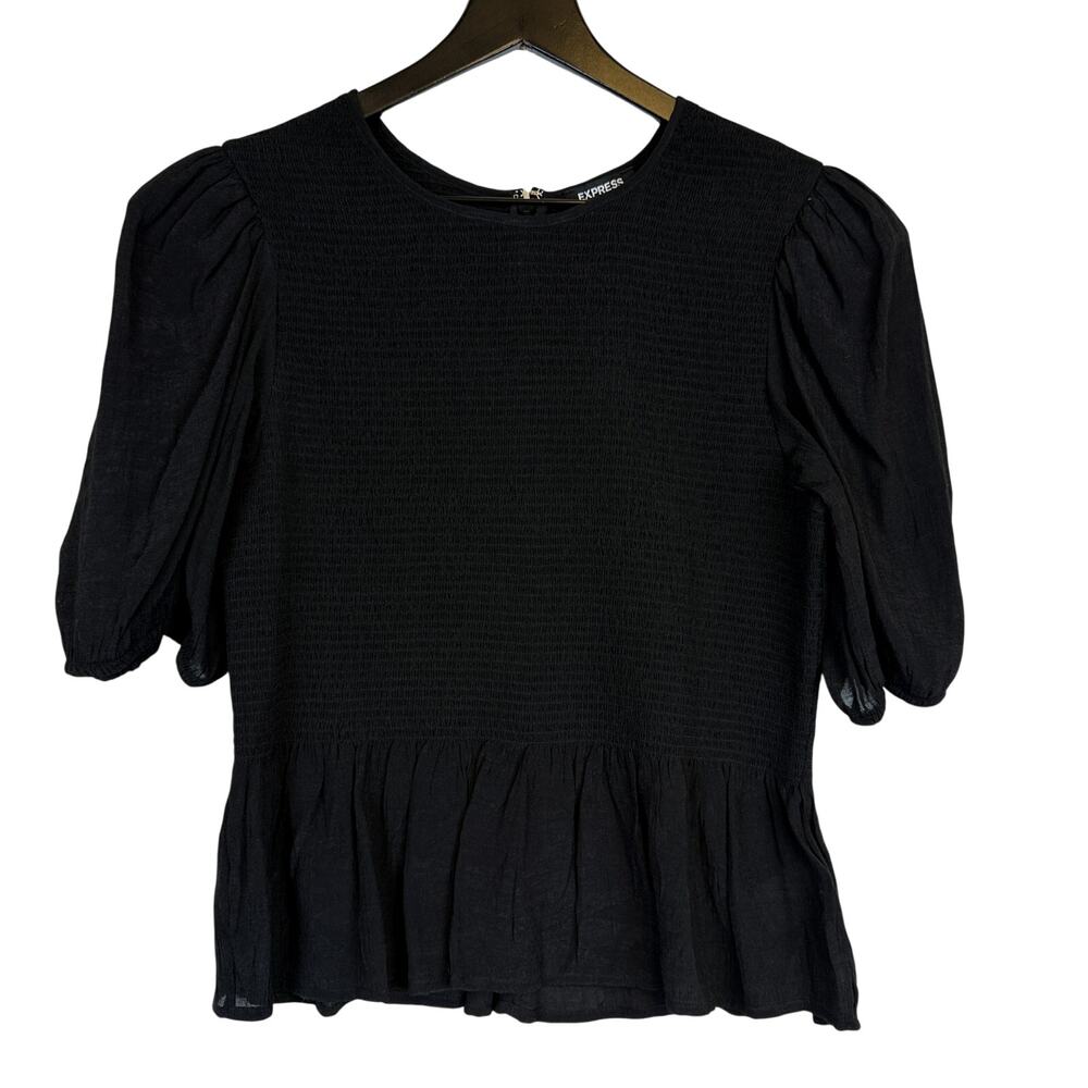 New Express Womens Smocked Puff Sleeve Blouse Black Peplum - L